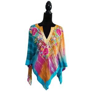 Tashia London Women's Silk Sheer V-neck Embroidered Poncho Top Multicolor Large